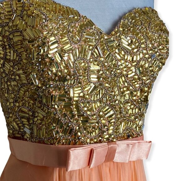 La Femme $480 NWT 19282 Apricot Beaded Chiffon Strapless Formal Gown Sz 14 - Picture 3 of 16